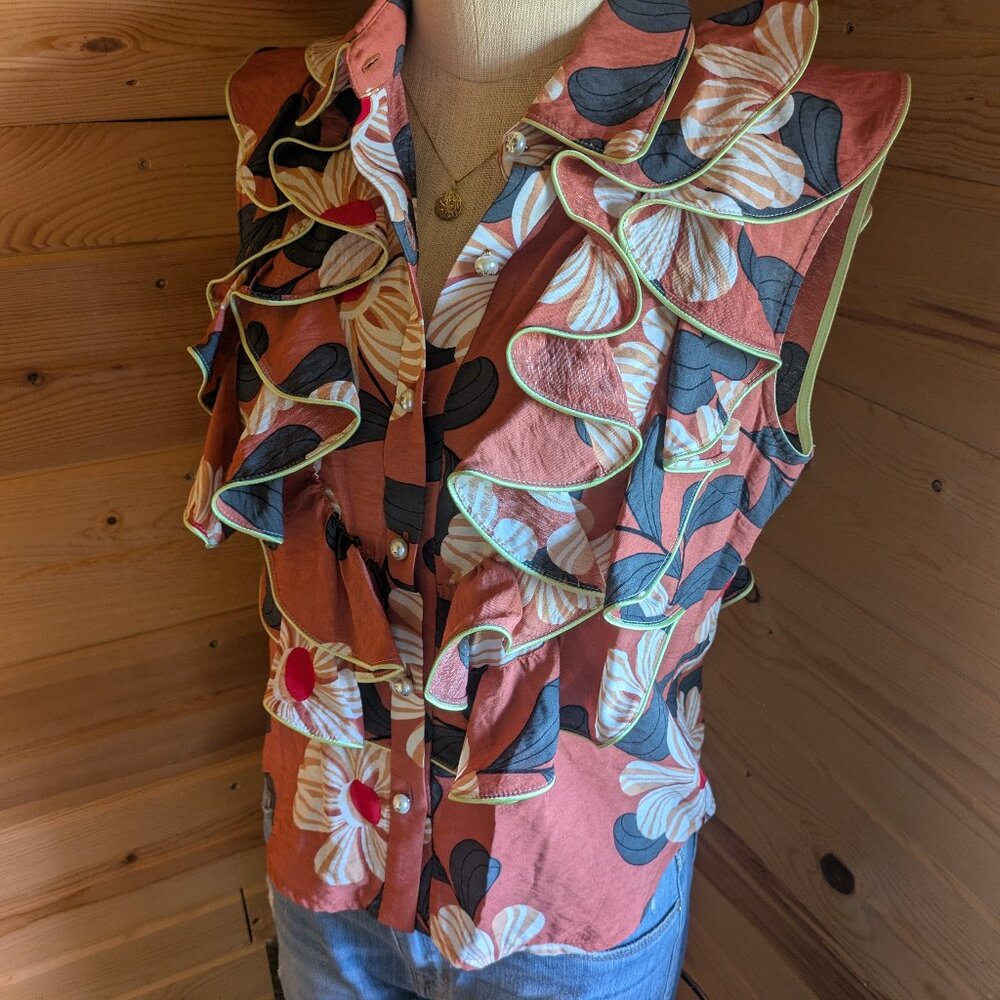 Burnt Orange Floral Ruffled Button Front Blouse
